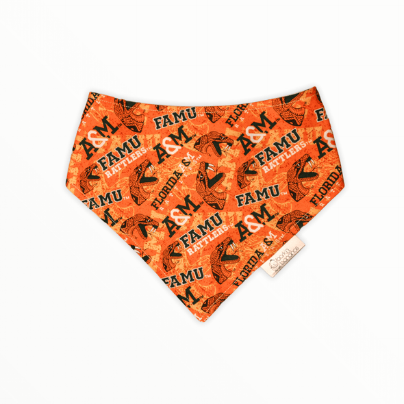 Reversible dog bandana with FAMU Rattlers on both sides in different colors. One is orange and the other side white