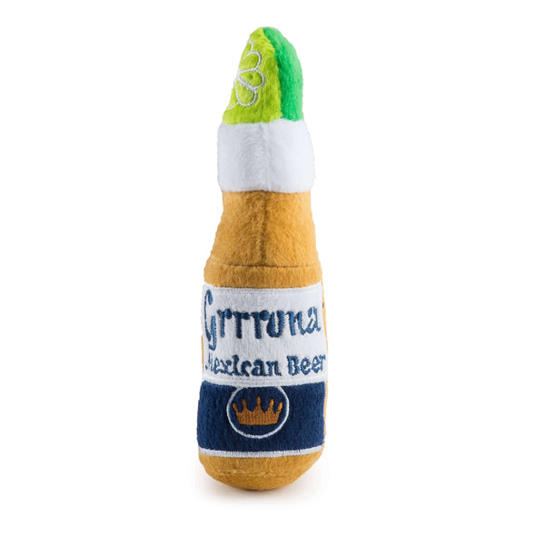 Stuffed dog toy in the shape of a Corona Beer
