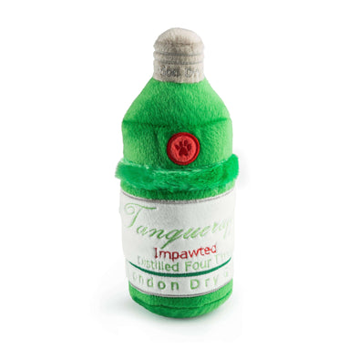 Stuffed dog toy in the shape of a Gin Bottle
