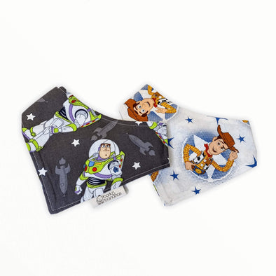Reversible dog bandana with Buzz and woody (from movie Toy Story) prints on both sides